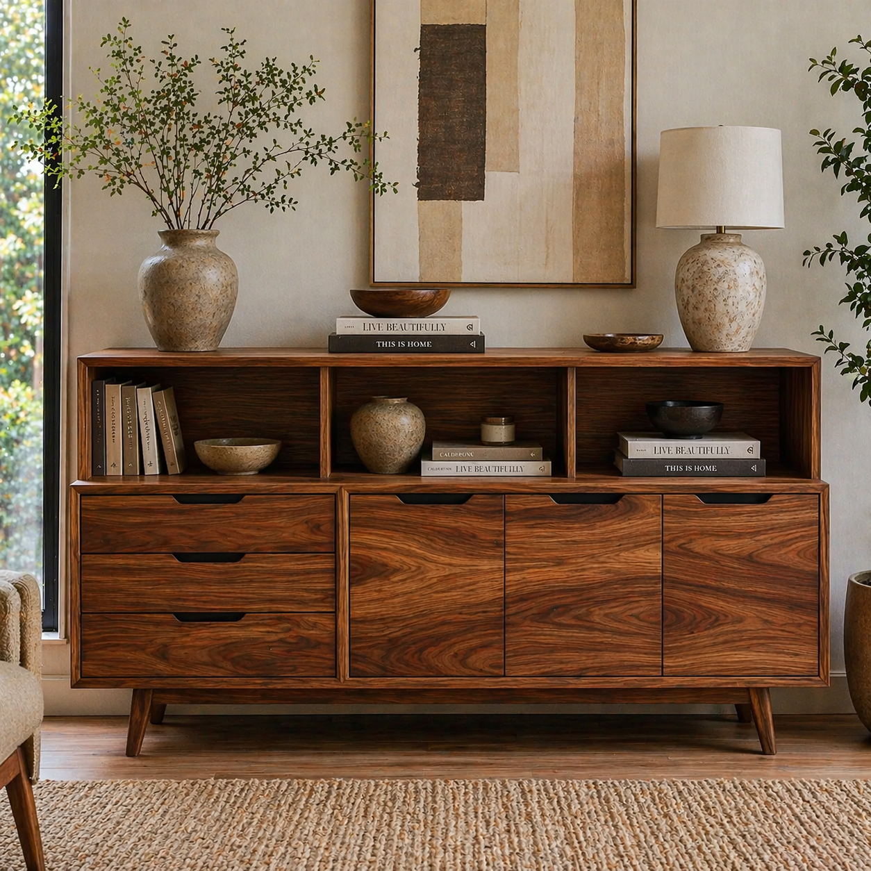Mid Century Solid Wood Console Cabinet with Drawers & Open Shelf Storage