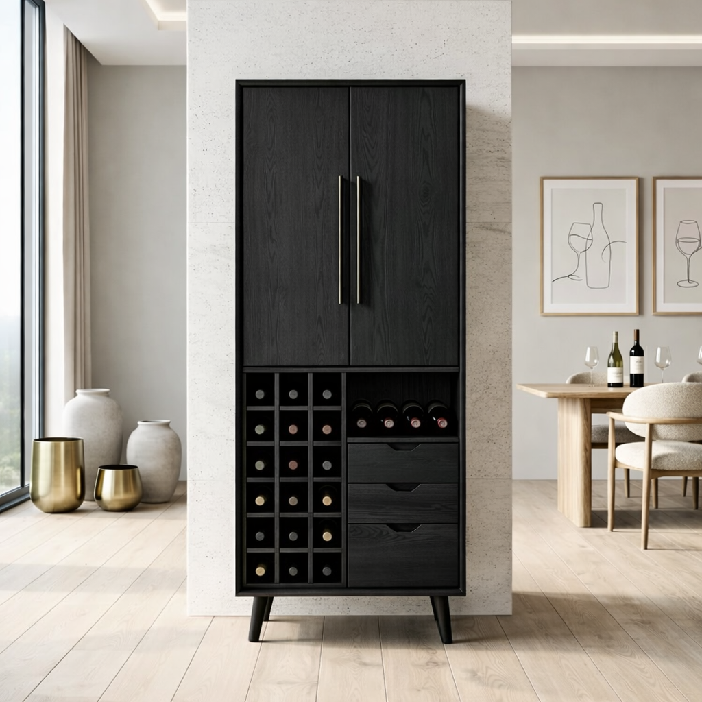 Modern Wine Cabinet with Bottle Rack, Drawers and Tall Concealed Storage