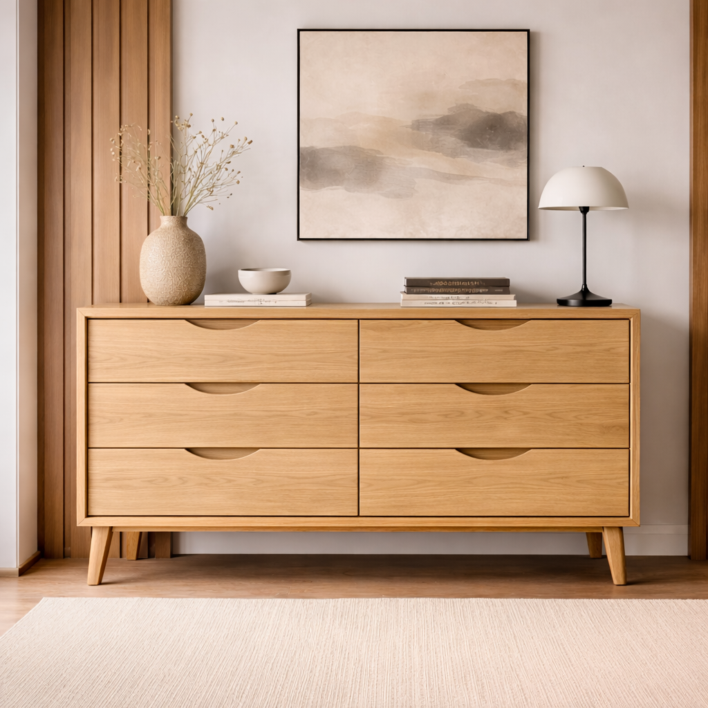 Solid Wood Console Cabinet with 6 Drawers – Modern Mid-Century Storage Sideboard