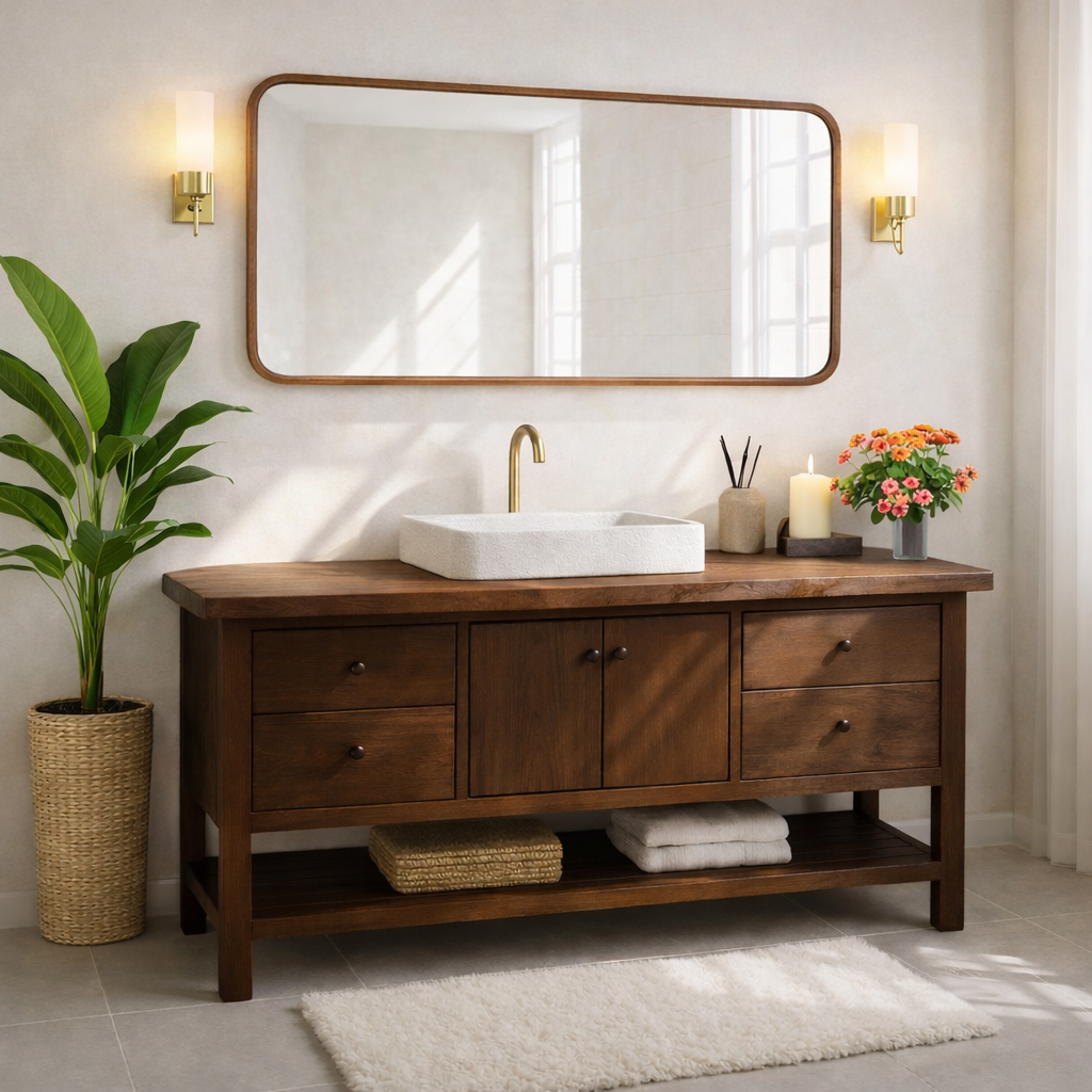 Rustic Bathroom Vanity with Open Shelves and Elegant Brass Faucet