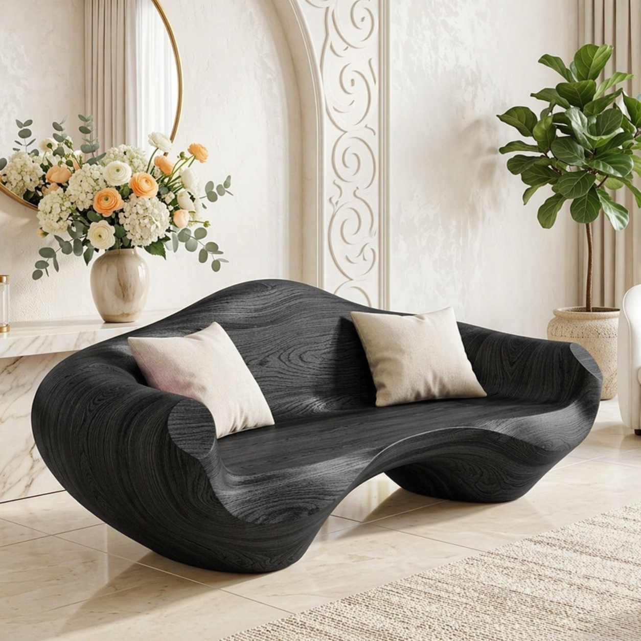 Modern Sculptural Curved Sofa, Organic Minimalist Statement Accent Furniture Piece