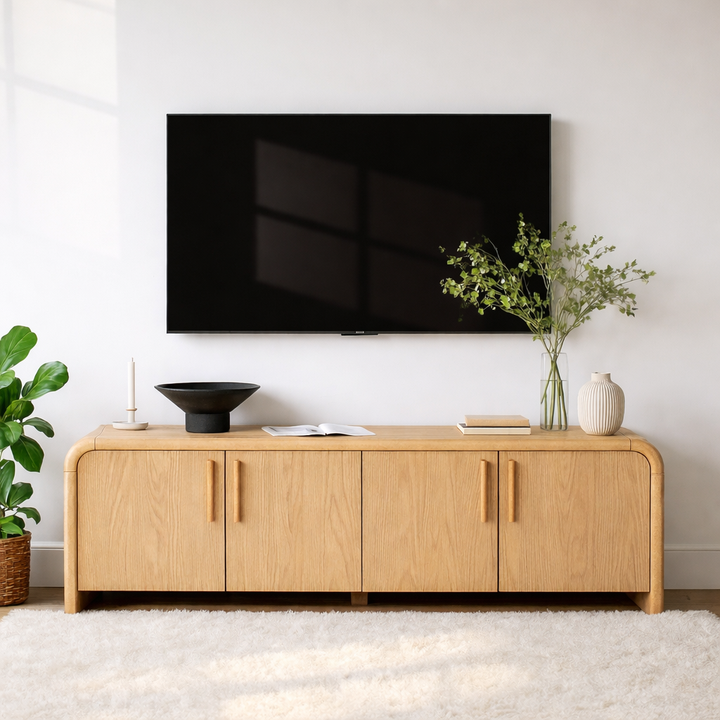 Minimalist Wood TV Stand With Doors Modern Media Console Long Entertainment Center