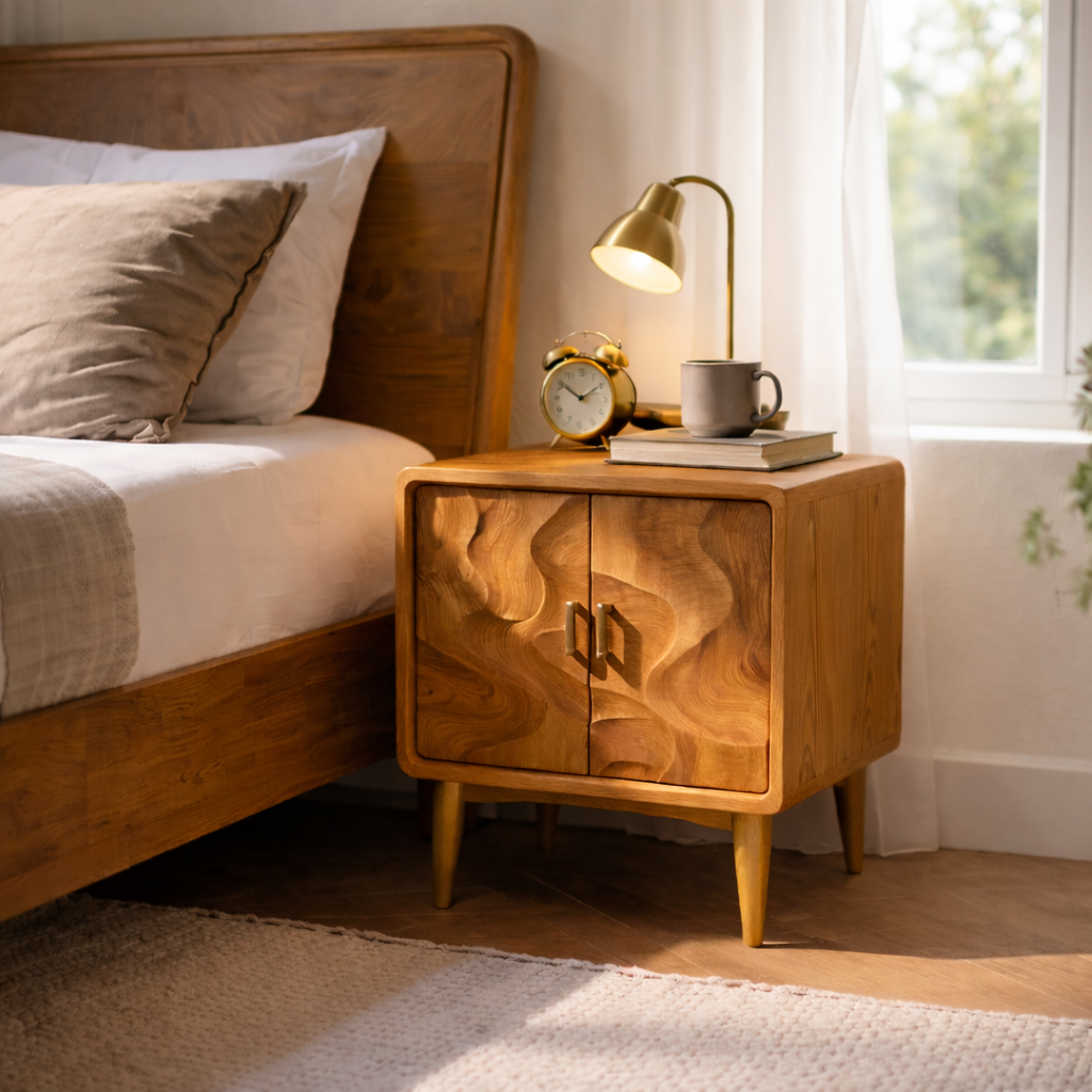 Solid Wood Nightstand with Cabinet Doors – Mid Century Modern Bedside Table