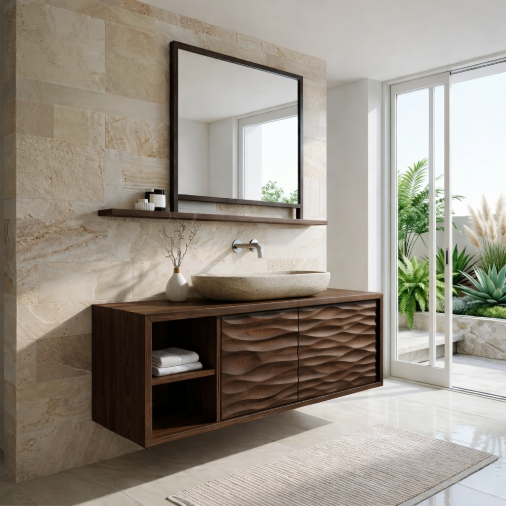 Modern Solid Wood Bathroom Vanity with Floating Storage and Textured Front Doors