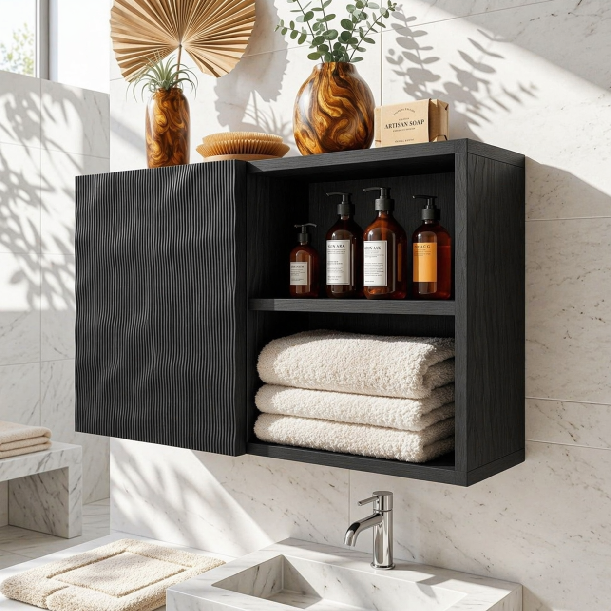 Floating Bathroom Cabinet, Modern Ribbed Wall Mounted Vanity Storage Shelf Organizer