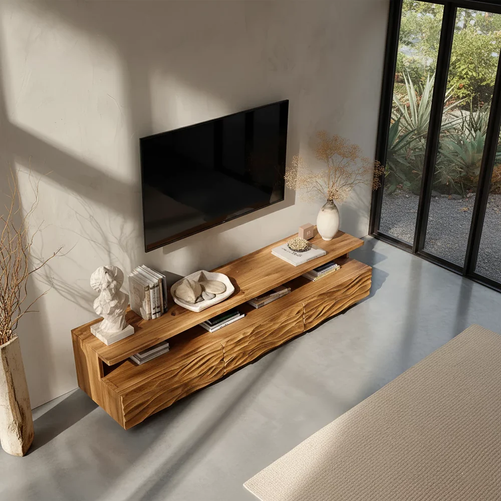 Solid Wood TV Stand Modern Oak Media Console with Carved Wave Doors and Storage