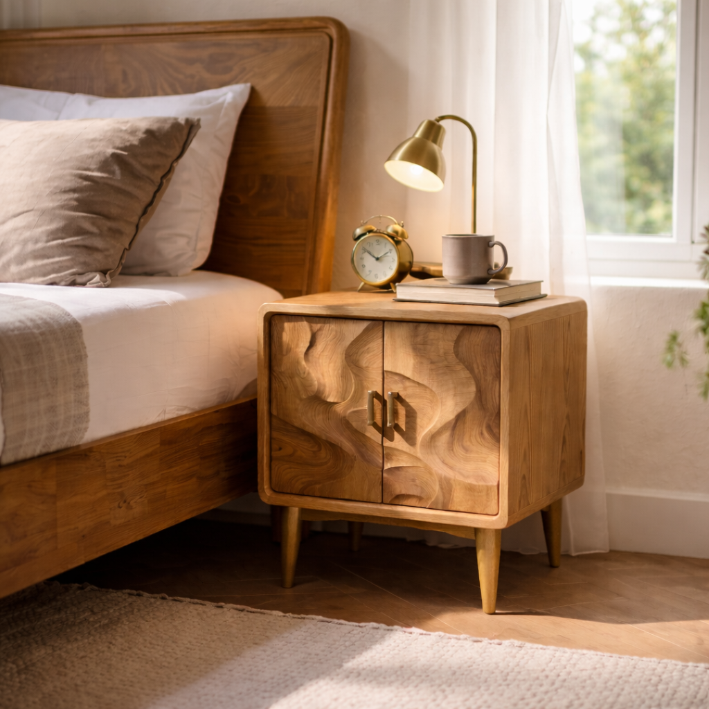 Solid Wood Nightstand with Cabinet Doors – Mid Century Modern Bedside Table