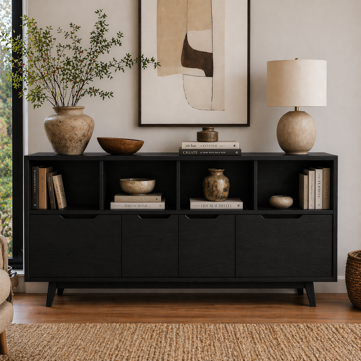Mid Century Solid Wood Sideboard Cabinet with Drawers & Open Shelf Storage