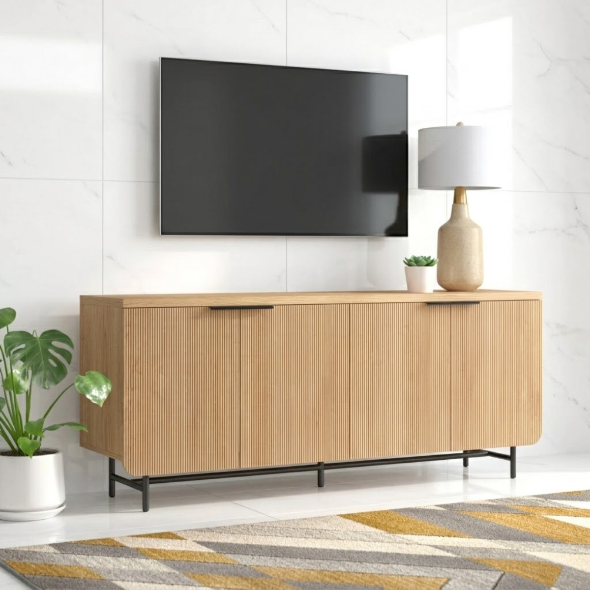 Modern Solid Wood TV Stand Fluted Front Media Console with Metal Base Storage Unit