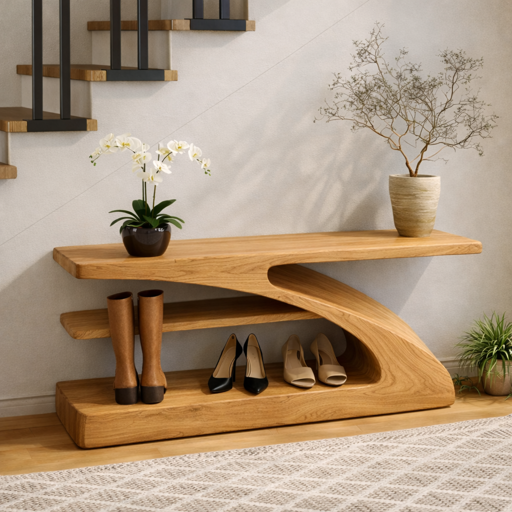 Modern Sculptural Solid Wood Entryway Bench with Shoe Storage