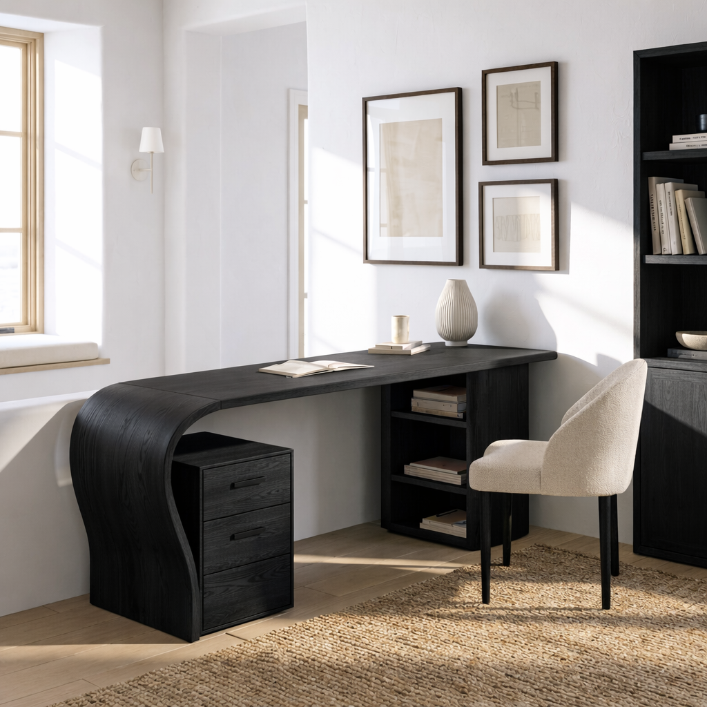 Modern Curved Writing Desk with Drawers and Shelf Home Office Work Table Design
