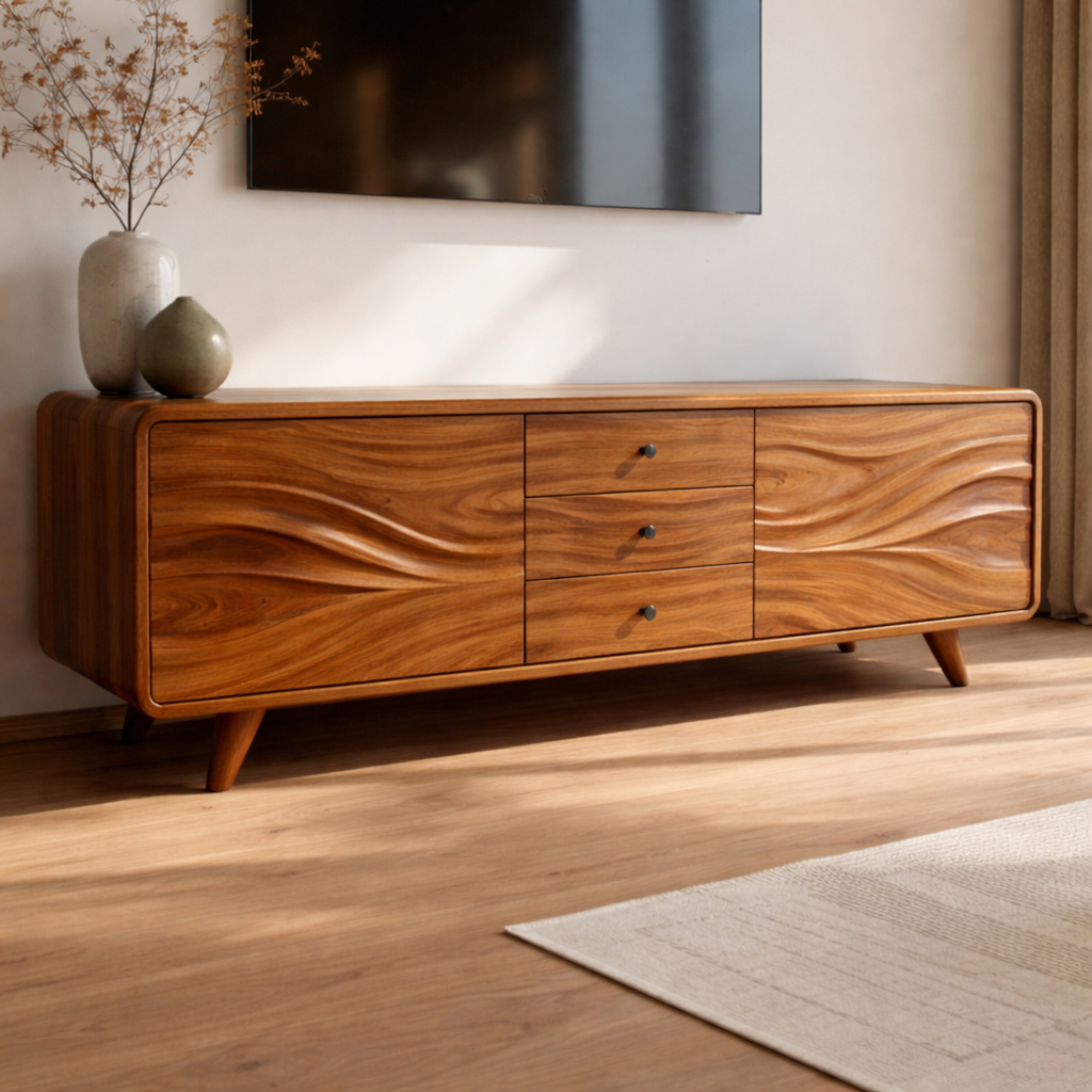 Solid Wood Wave Front TV Cabinet with Drawers – Modern Low Media Console Stand