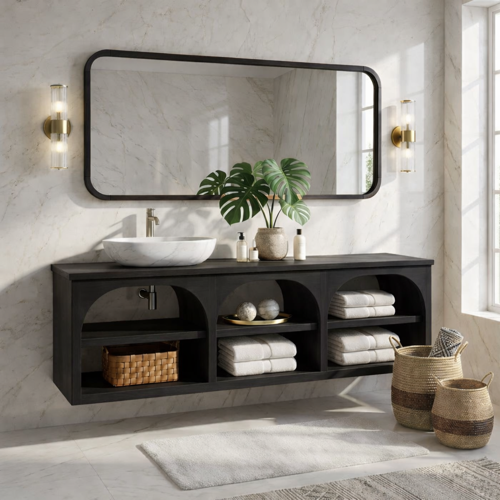 Floating Vanity with Natural Wood and Marble Sink, Open Shelf Storage