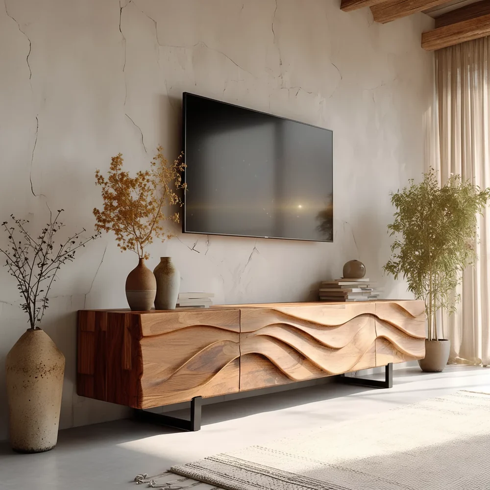 Solid Wood TV Stand Modern Floating Media Console with Sculpted Wave Front
