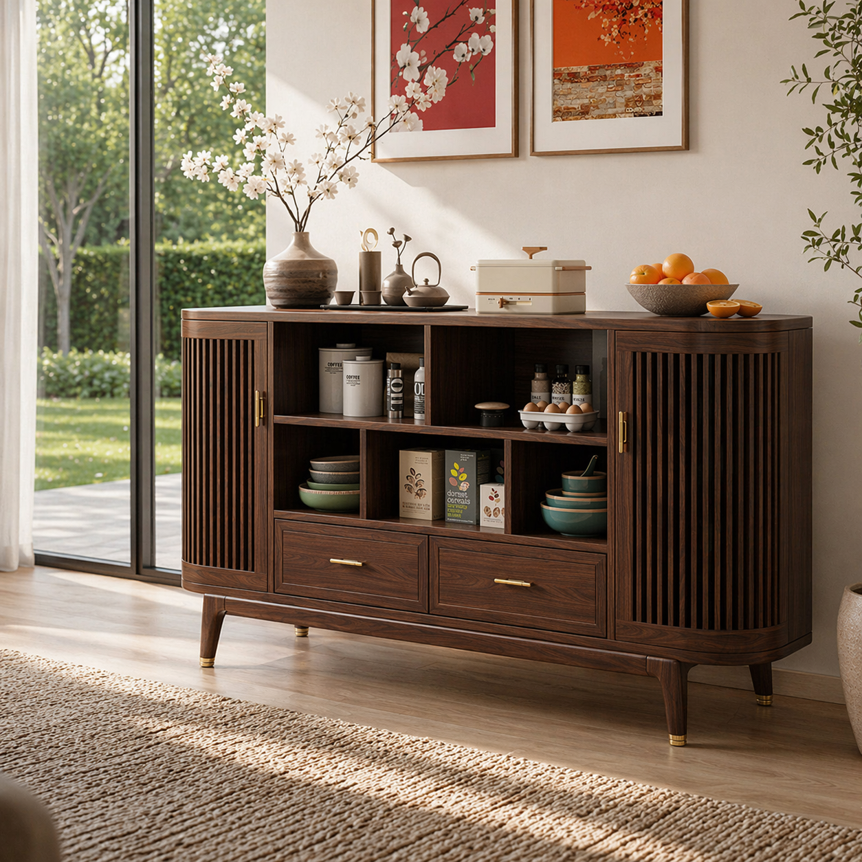 Mid Century Solid Wood Console Sideboard with Slatted Doors – Walnut Storage Cabinet