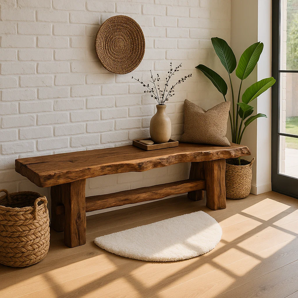 Live Edge Solid Wood Bench, Rustic Farmhouse Entryway Dining Seating