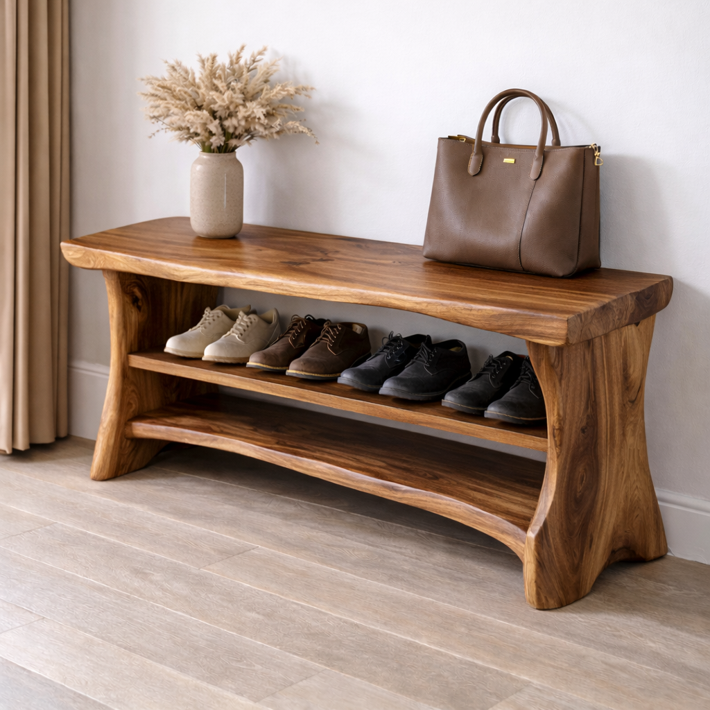 Solid Wood Entryway Bench with Shoe Storage Shelf – Natural Wood Shoe Rack Bench