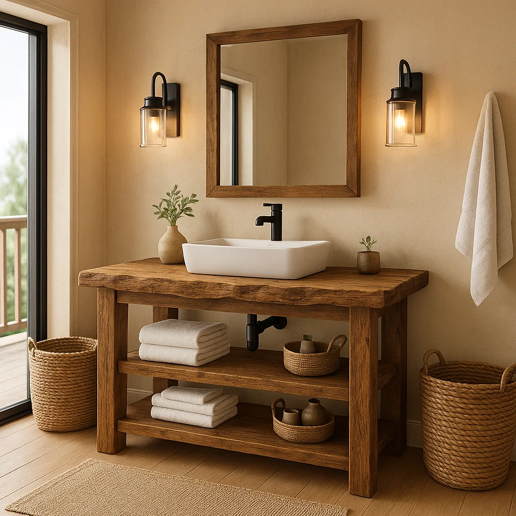 Rustic Solid Wood Bathroom Vanity with Vessel Sink and Open Storage