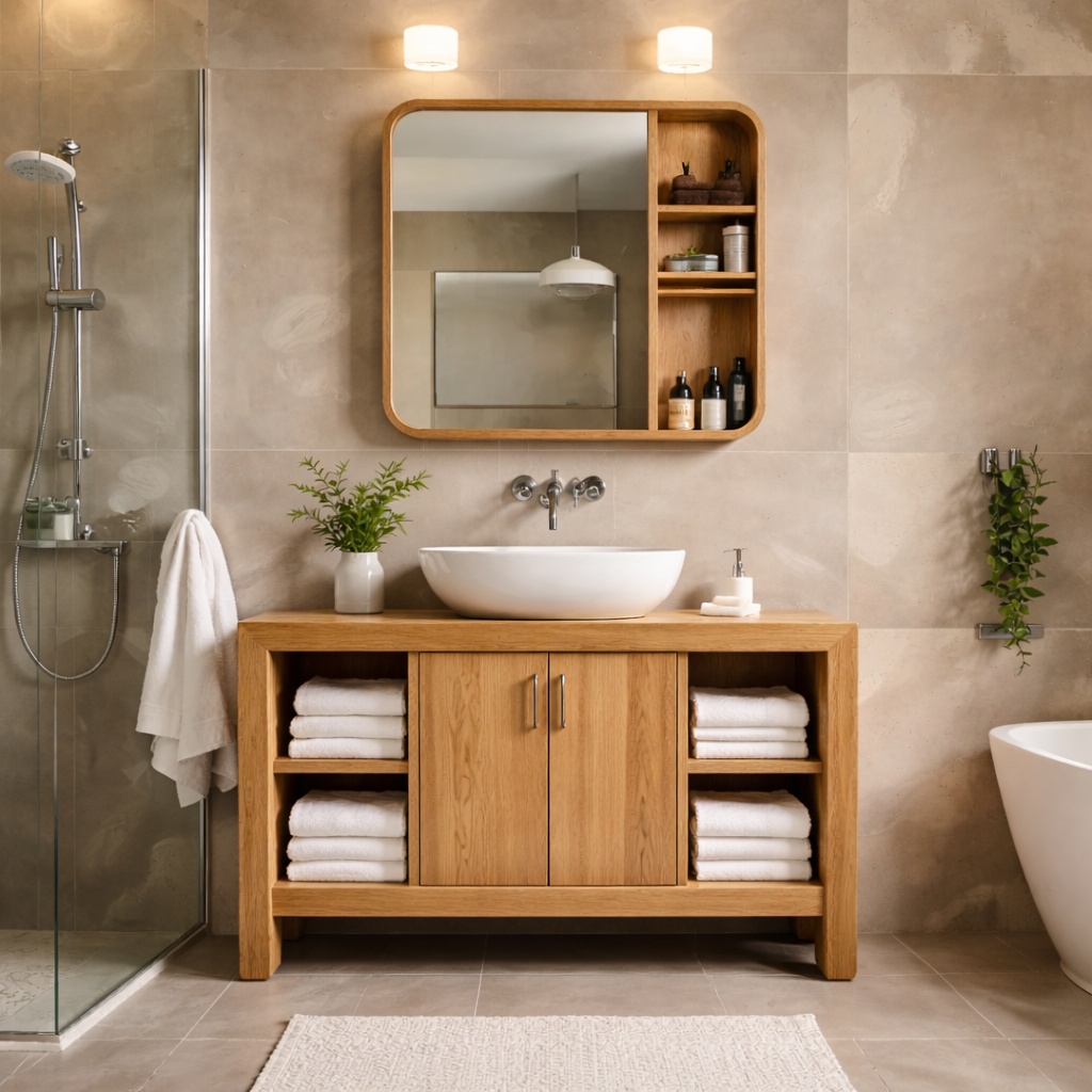 Modern Solid Wood Bathroom Vanity Cabinet with Open Shelves & Double Doors
