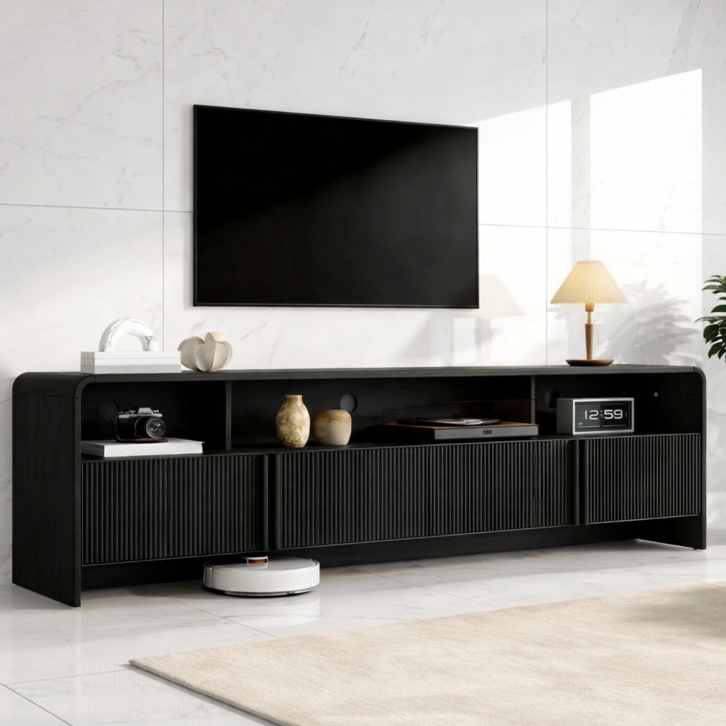 Modern Solid Wood TV Stand with Open Shelf Fluted Doors Low Profile Media Console