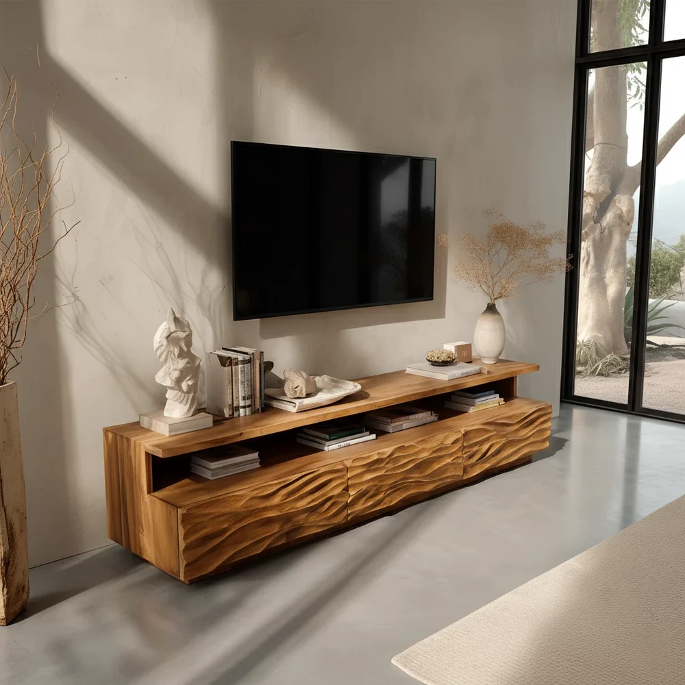 Solid Wood TV Stand Modern Oak Media Console with Carved Wave Doors and Storage