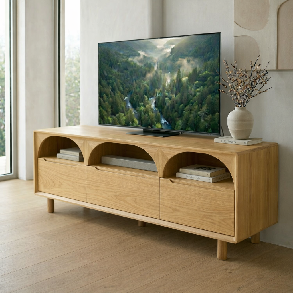 Solid Wood Media Console with Arched Shelves – Modern TV Stand Storage Unit