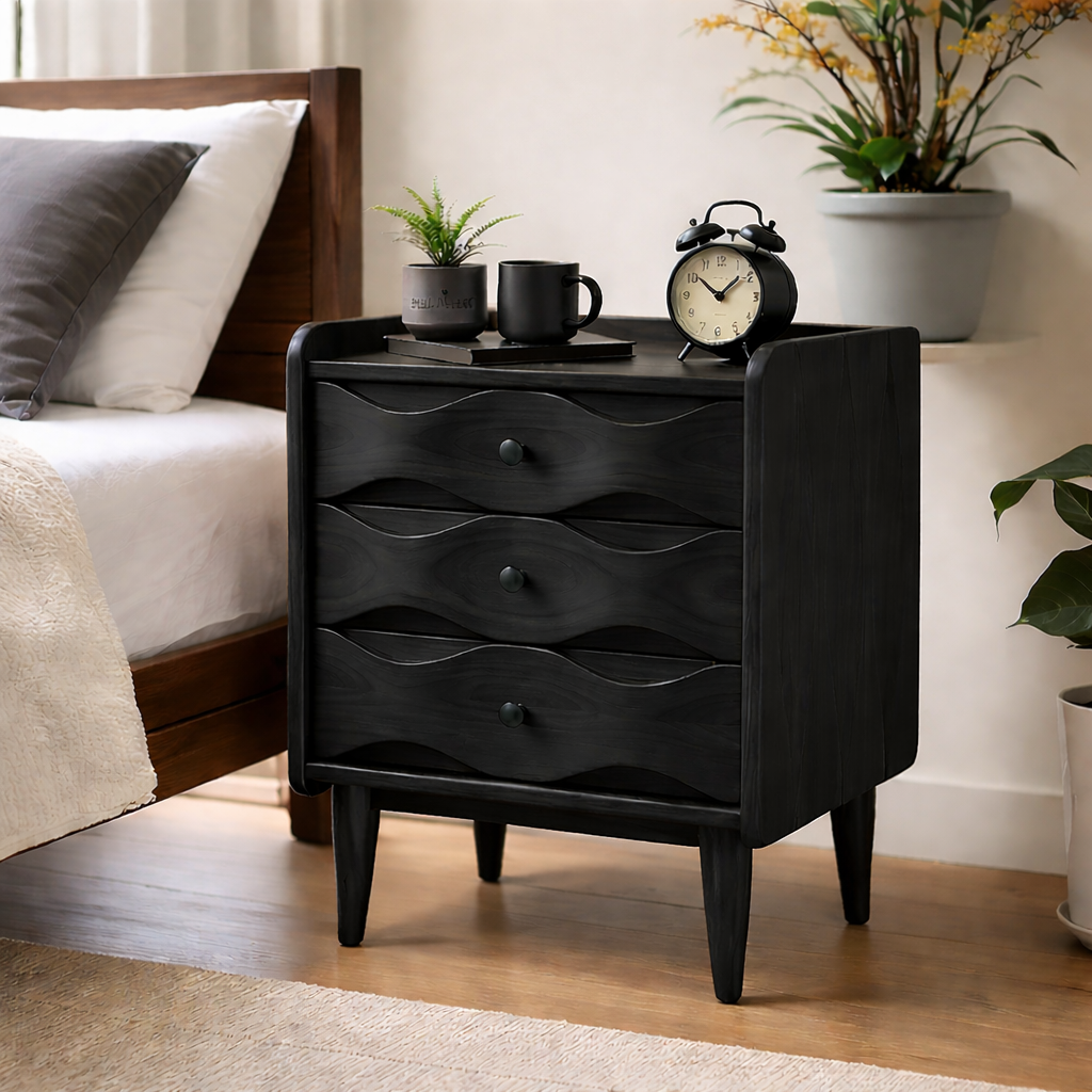 Solid Wood 3 Drawer Nightstand – Mid Century Modern Bedside Table with Storage