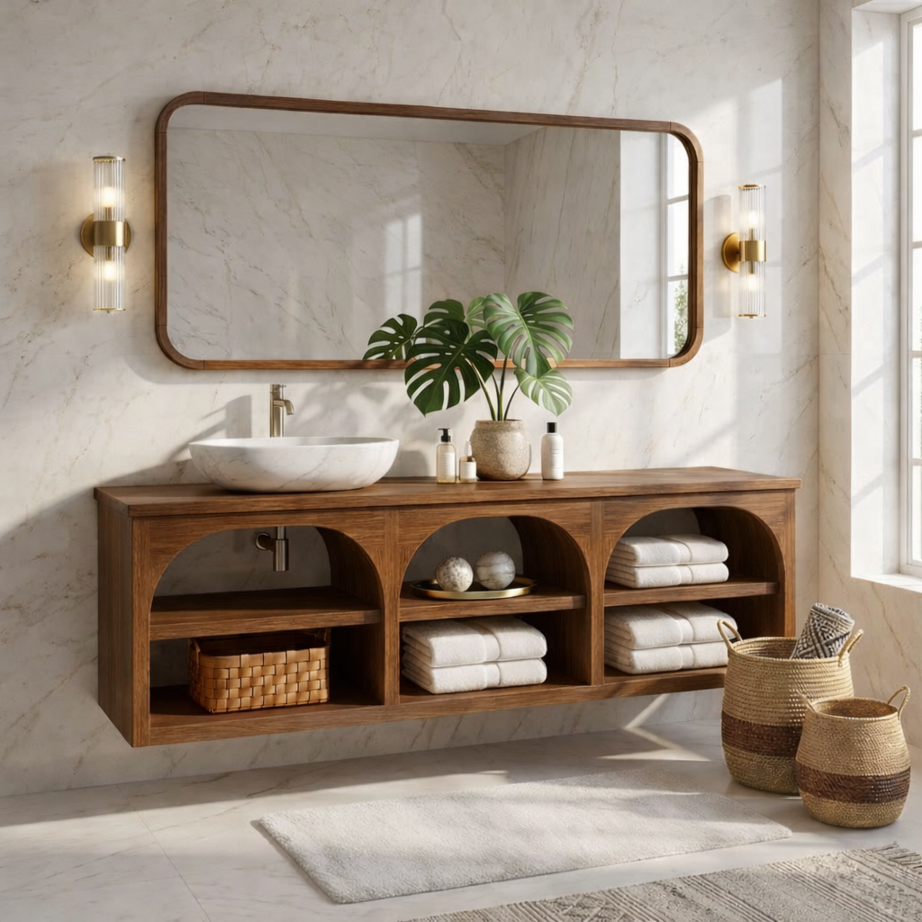 Floating Vanity with Natural Wood and Marble Sink, Open Shelf Storage