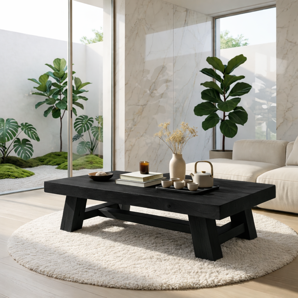 Handcrafted Solid Wood Coffee Table, Rustic Style with Geometric Legs