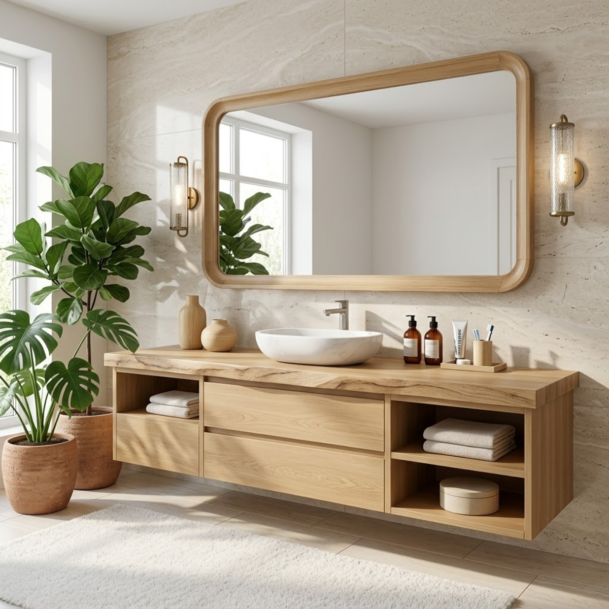 Elegant Floating Vanity with Natural Wood Finish, Wall-Mounted Modern Bathroom Storage