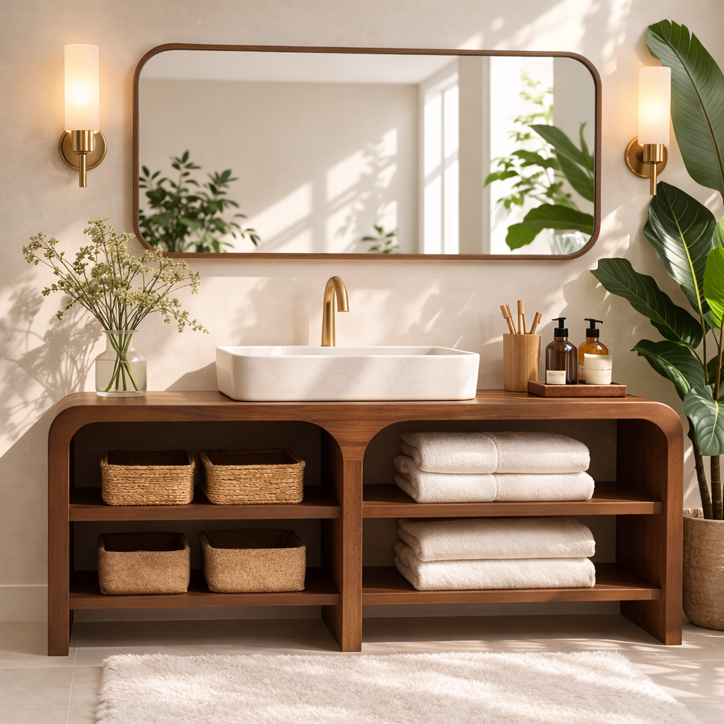 Modern Wooden Bathroom Vanity with Open Shelving