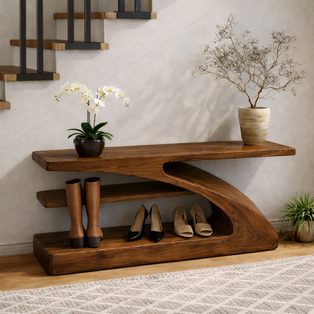 Modern Sculptural Solid Wood Entryway Bench with Shoe Storage