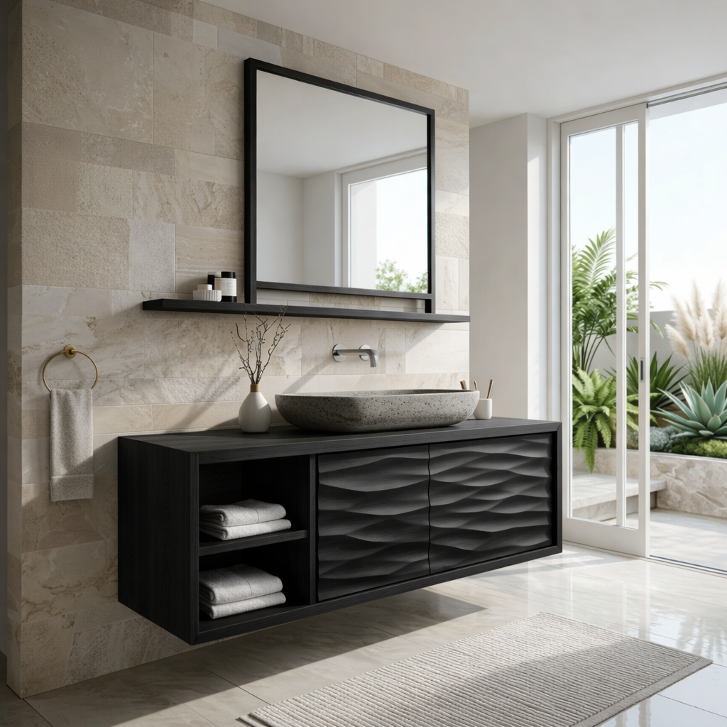 Modern Solid Wood Bathroom Vanity with Floating Storage and Textured Front Doors