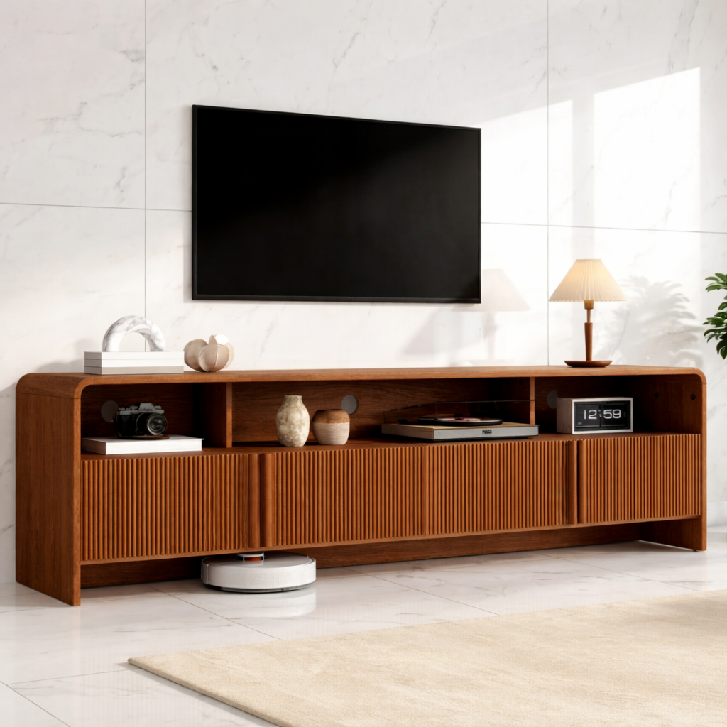 Modern Solid Wood TV Stand with Open Shelf Fluted Doors Low Profile Media Console
