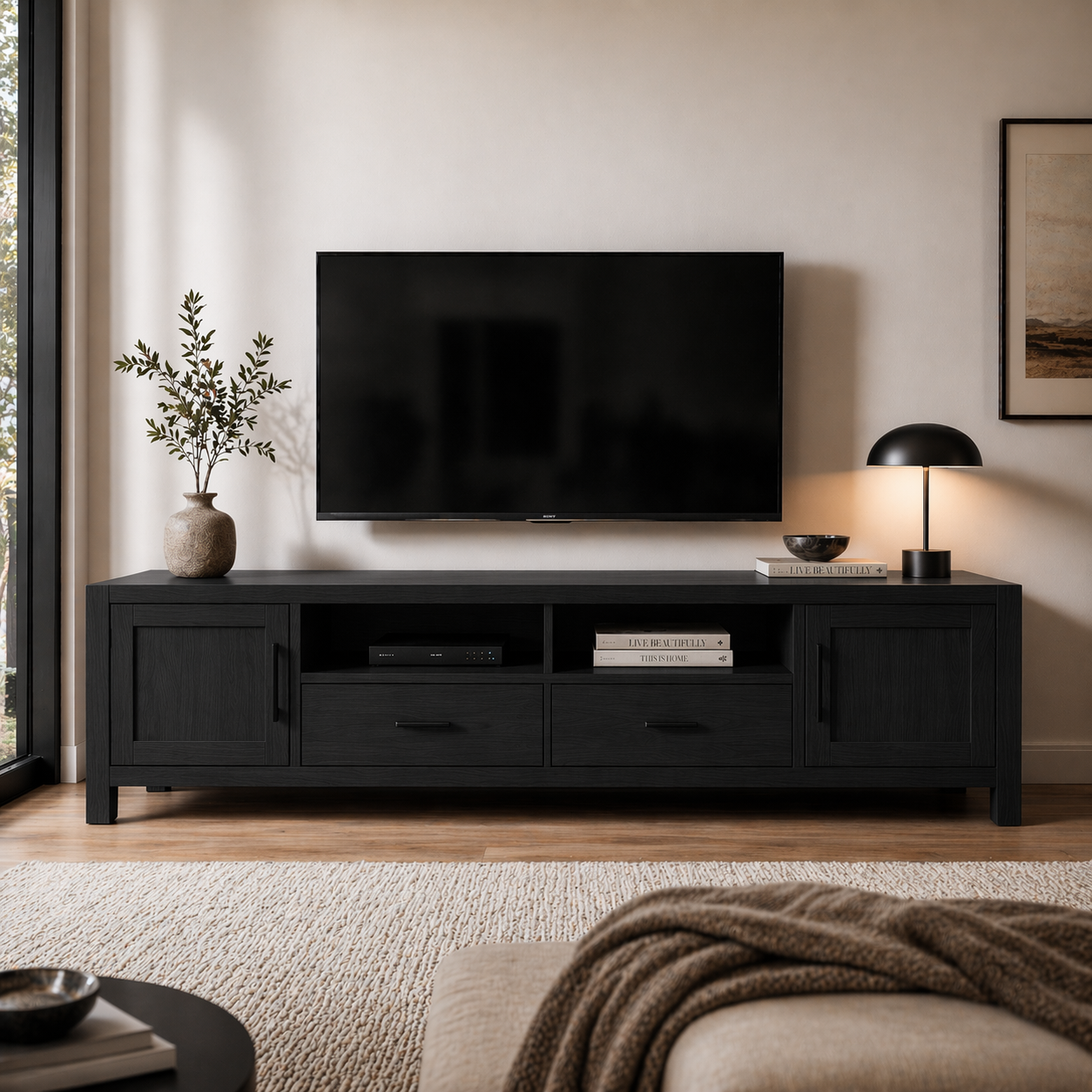 Solid Wood Media Console with Drawers, Modern TV Stand with Cabinets and Storage