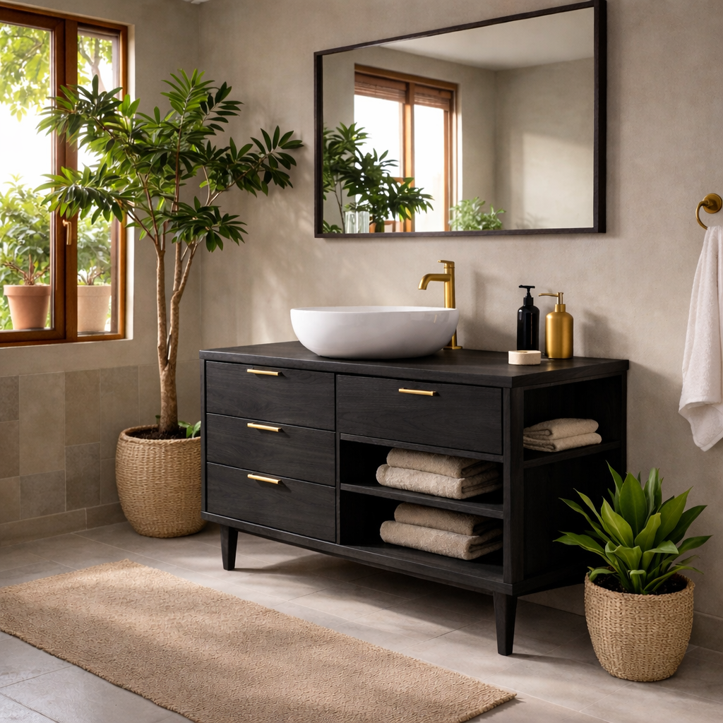 Solid Wood Bathroom Vanity with Drawers and Open Side Shelves for Storage