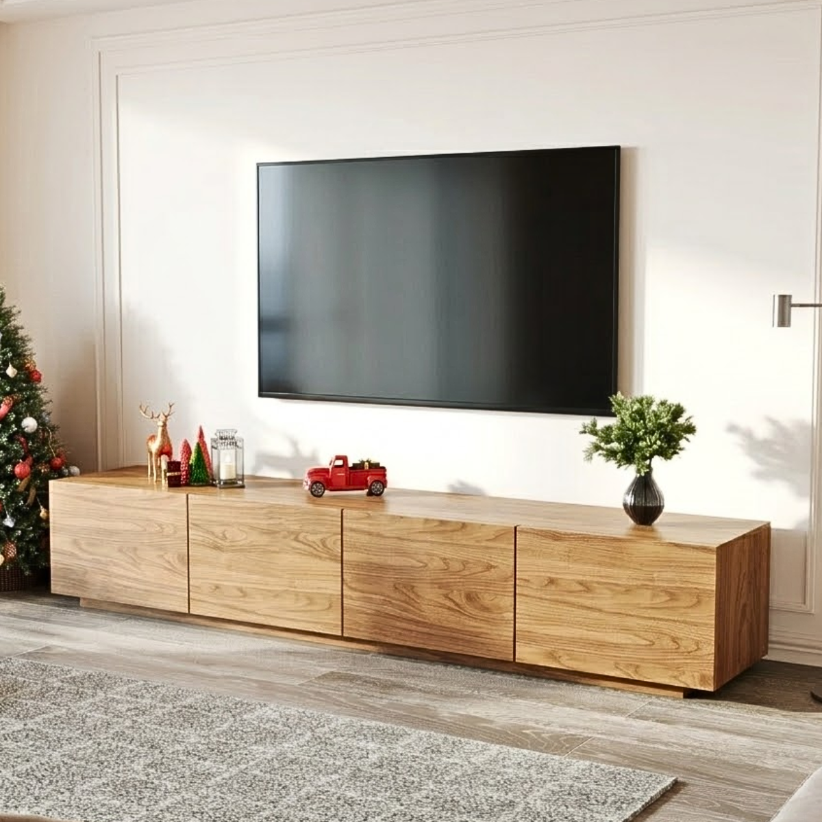 Modern Solid Wood TV Stand Long Low Profile Media Console Minimal Storage Cabinet
