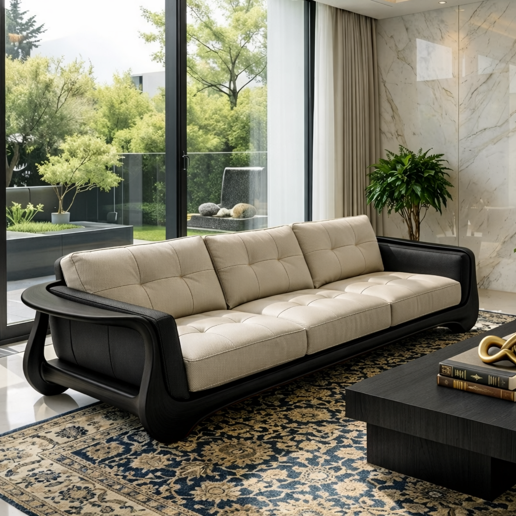 Luxury Curved Solid Wood Sofa with Tan Tufted Leather High-End Modern Couch