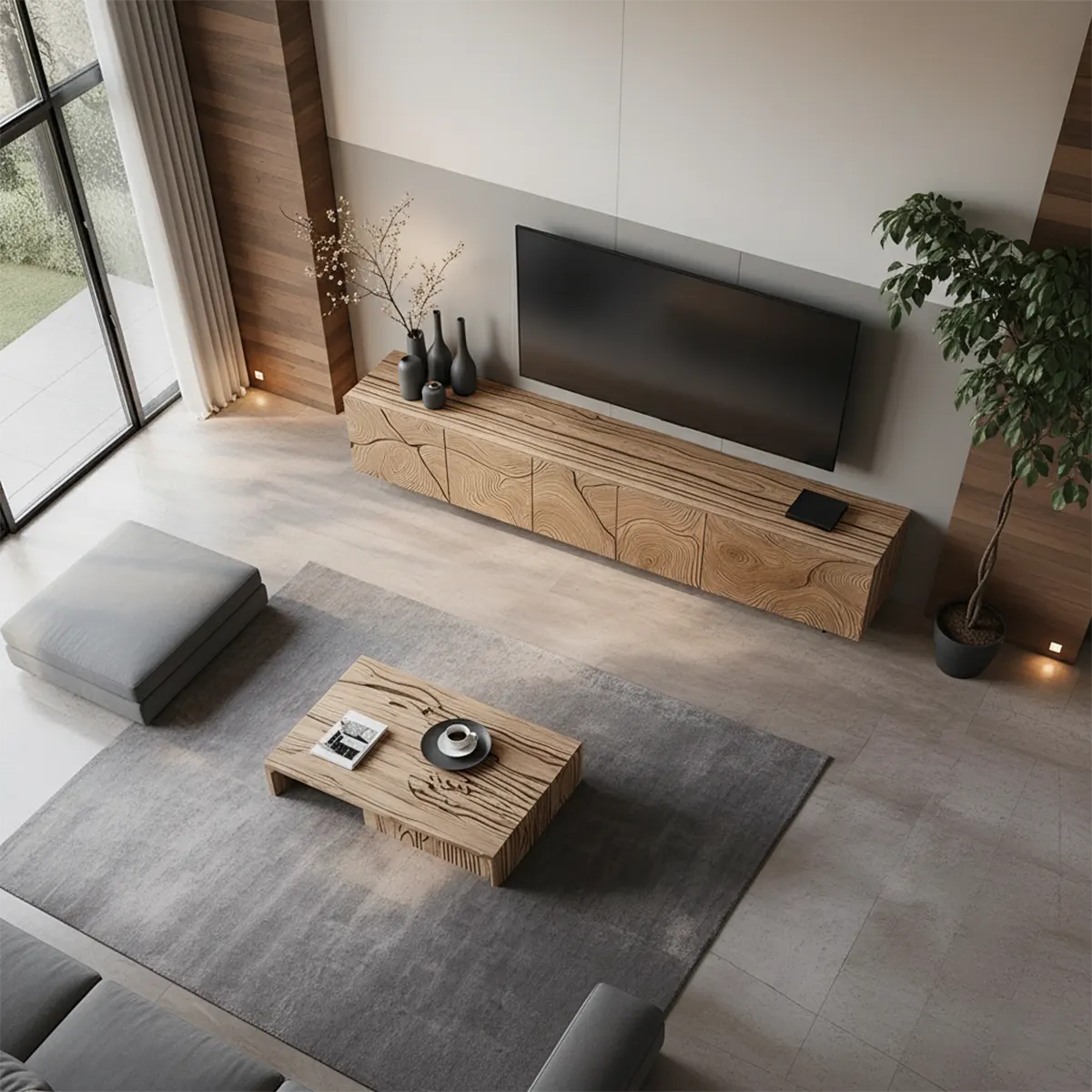 Solid Wood Floating TV Stand Modern Wall Mounted Media Console with Carved Design