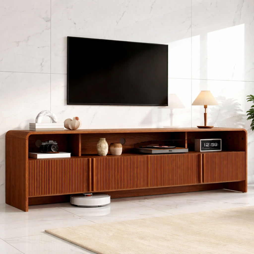 Modern Solid Wood TV Stand with Open Shelf Fluted Doors Low Profile Media Console