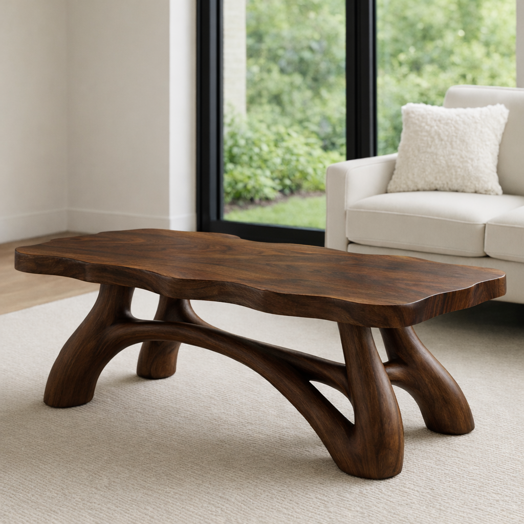 Solid Wood Coffee Table with Sculptural Curved Legs – Modern Living Room Table