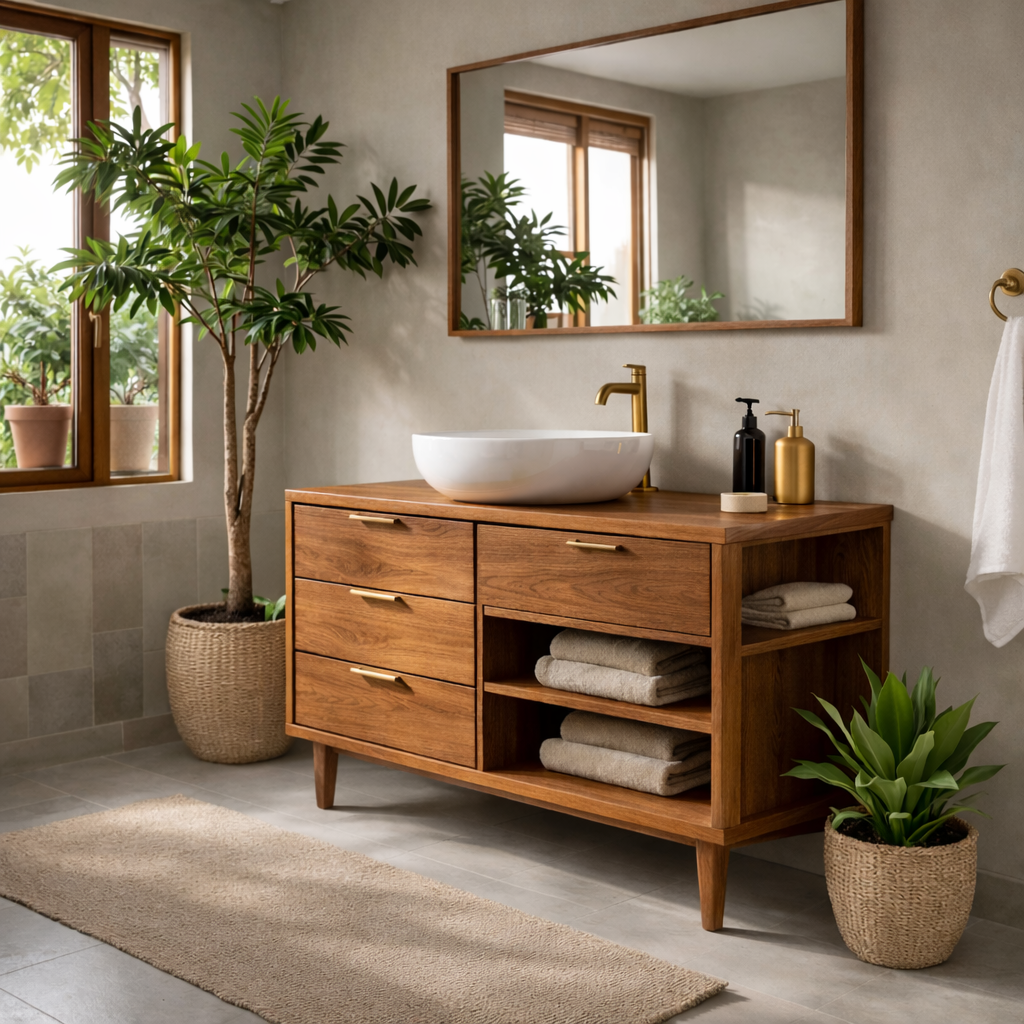 Solid Wood Bathroom Vanity with Drawers and Open Side Shelves for Storage