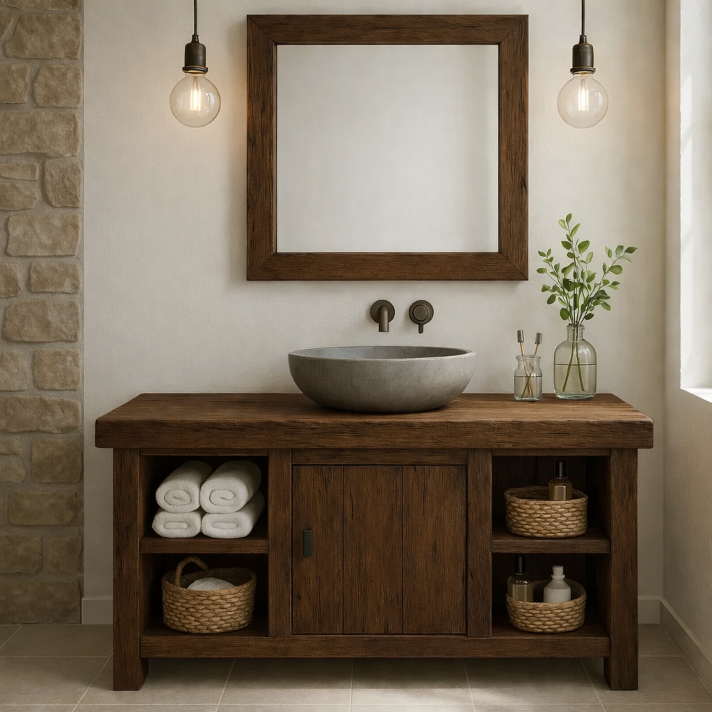 Rustic Wooden Bathroom Vanity with Vessel Sink and Storage Compartments