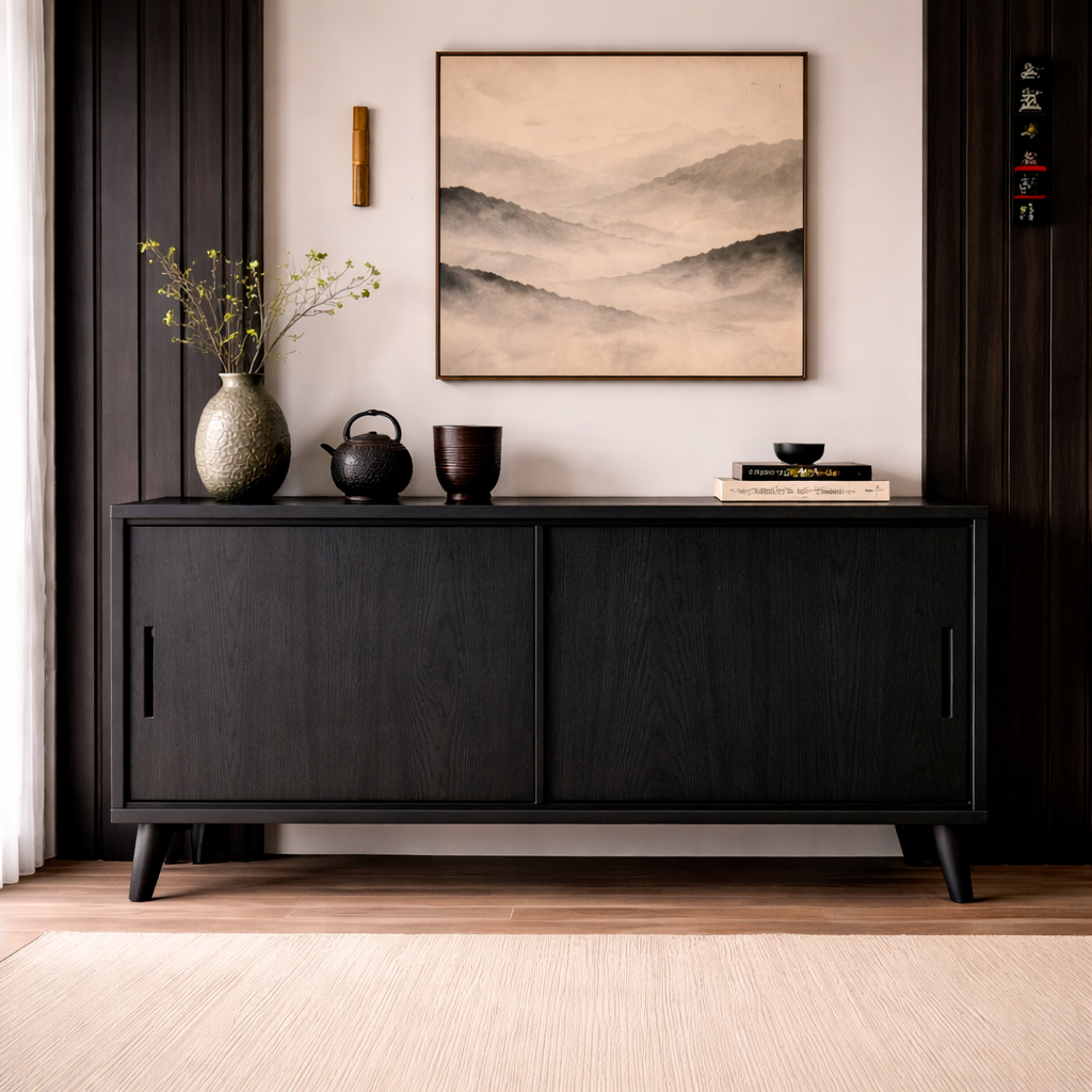 Solid Wood Console Cabinet with Sliding Doors – Modern Minimalist Storage Sideboard
