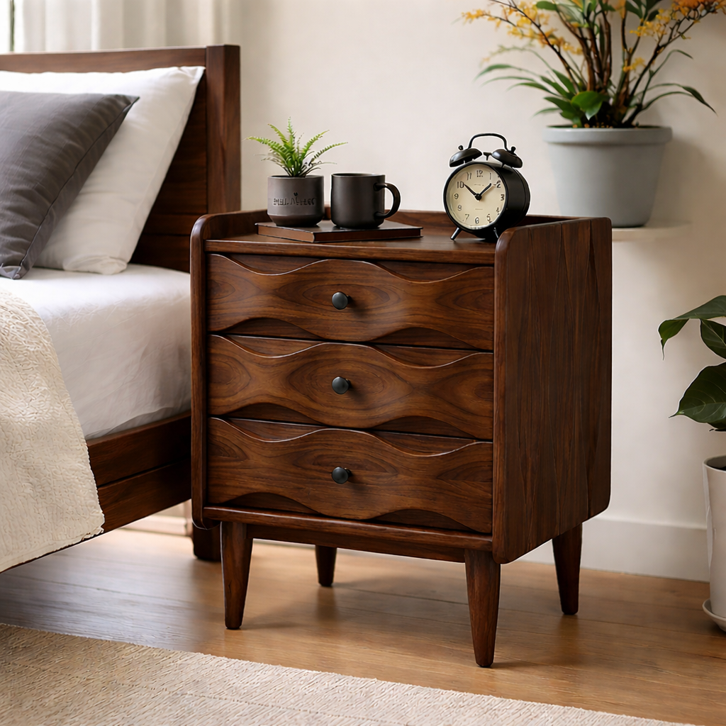 Solid Wood 3 Drawer Nightstand – Mid Century Modern Bedside Table with Storage