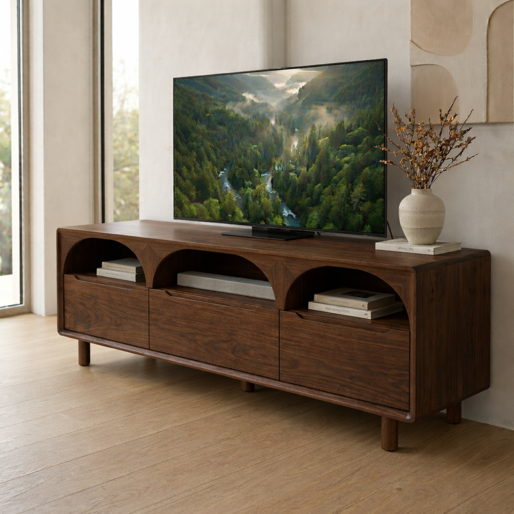 Solid Wood Media Console with Arched Shelves – Modern TV Stand Storage Unit