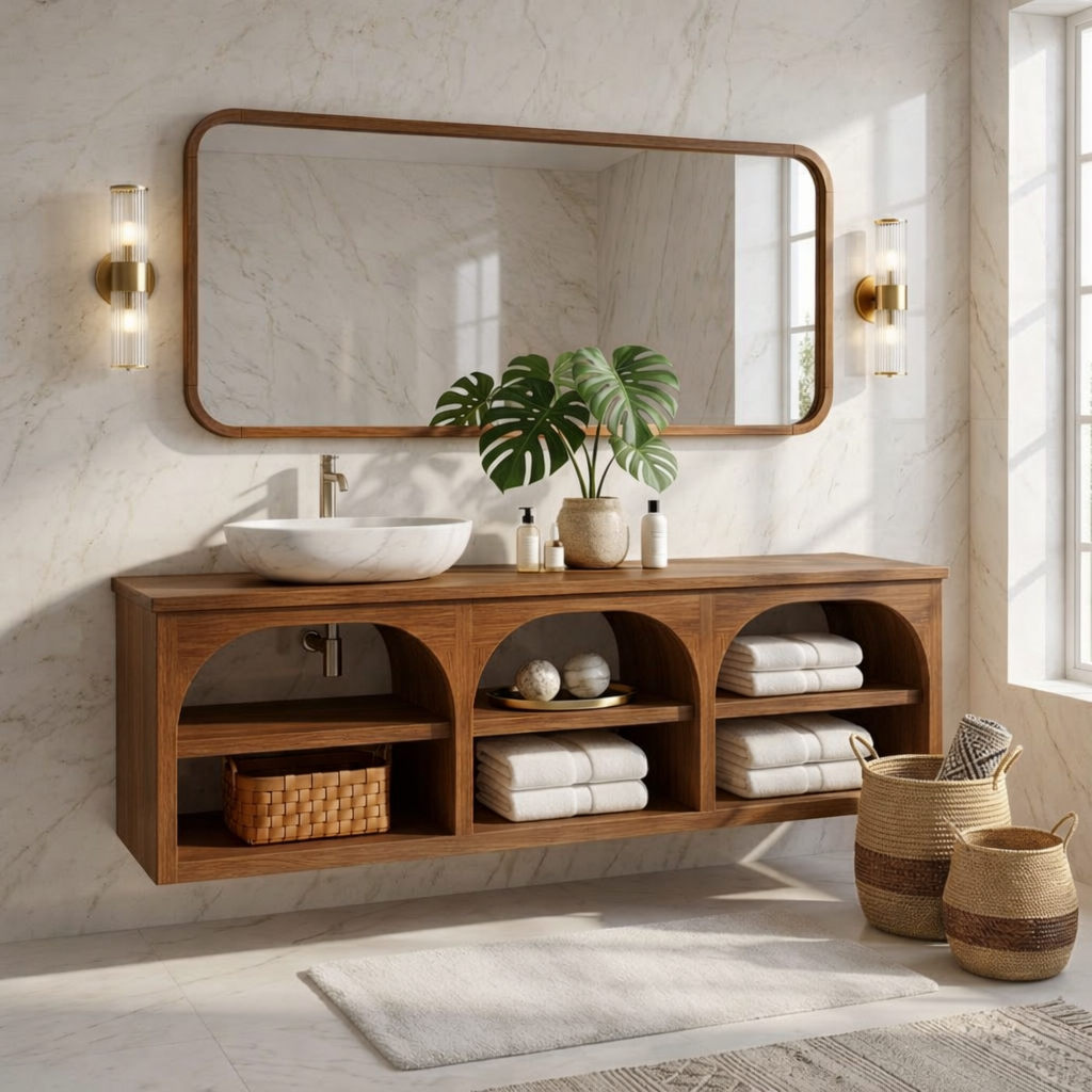 Floating Vanity with Natural Wood and Marble Sink, Open Shelf Storage