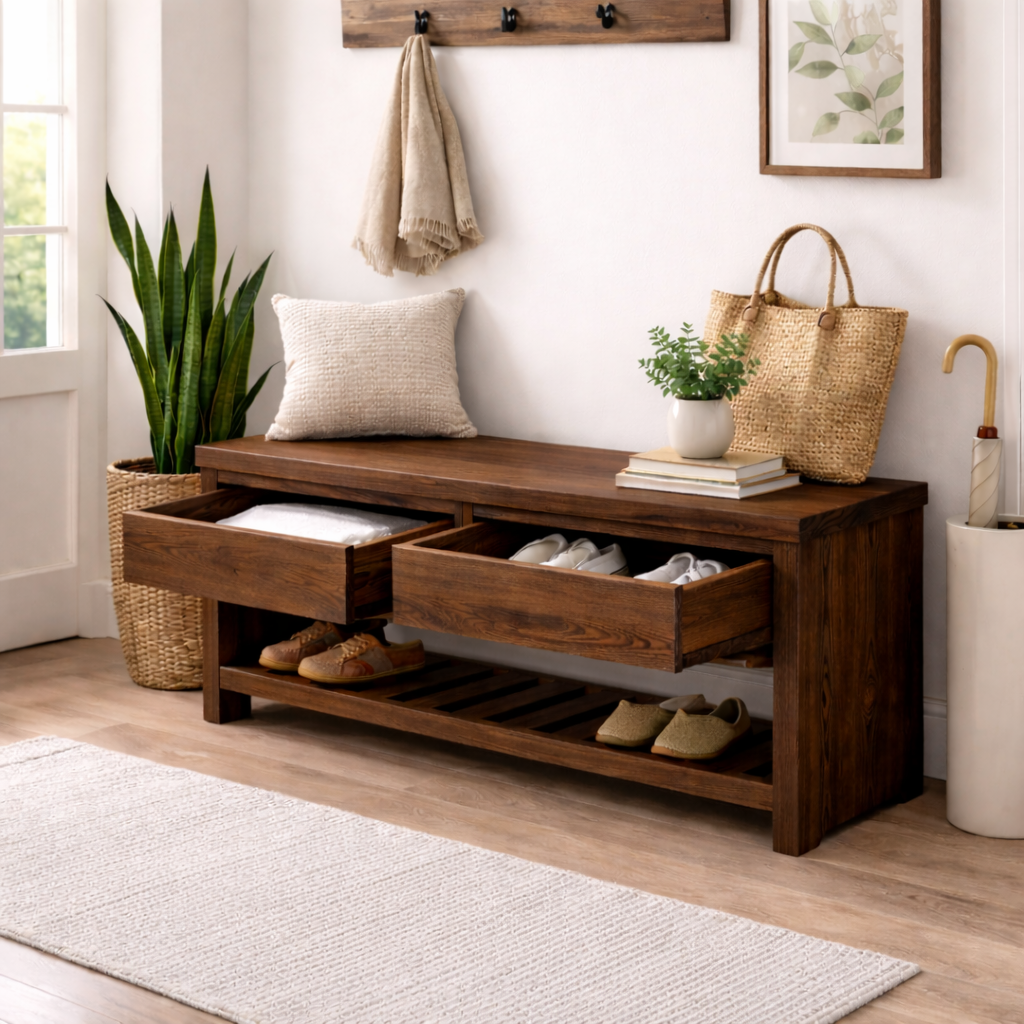 Wood Entryway Bench with Storage Drawers | Modern Hallway Seating & Shoe Rack