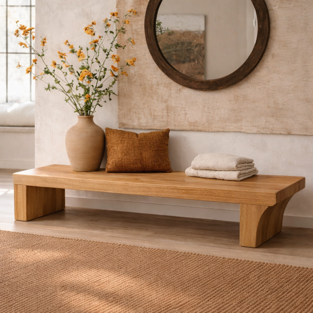Solid Wood Low Profile Bench, Minimalist Modern Entryway Seating