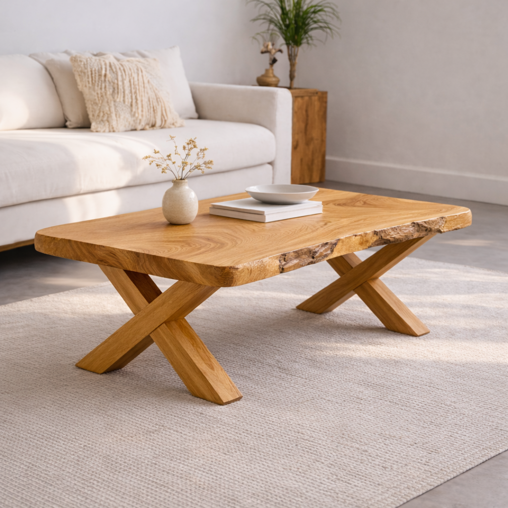 Live Edge Solid Wood Coffee Table with X-Frame Legs – Rustic Modern Living Room Table